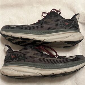 Hoka Charcoal and Burgundy Athletic Shoes